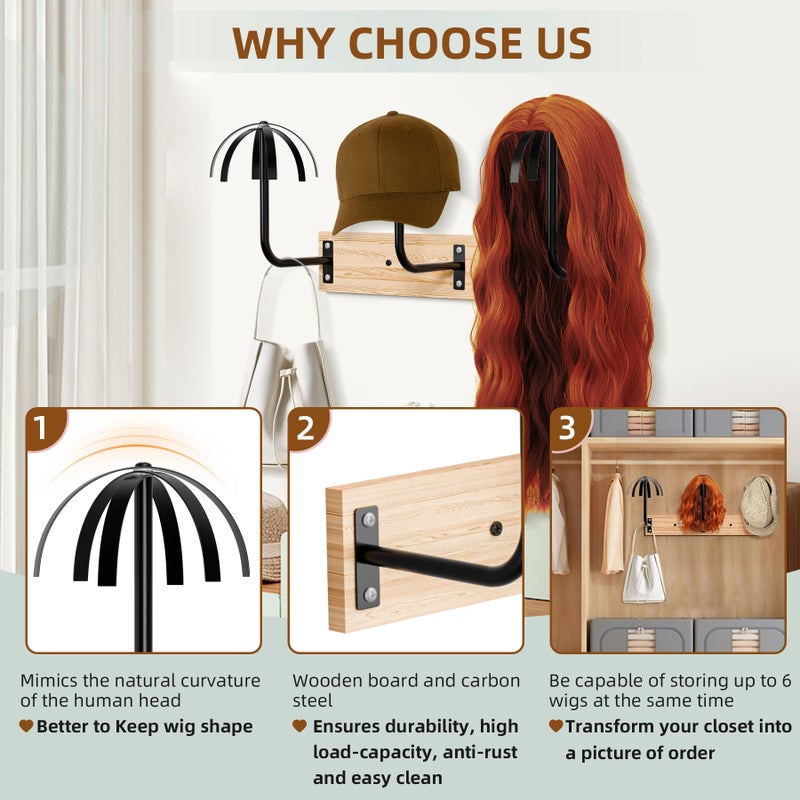 MEEMENG Wig holder for Multiple Wigs, 6 PCS Sturdy Wall - Mounted Hanging Rack for Wigs, Wig Hanger Solution for Drying, Styling & Display, Preserves Shape - Image 3