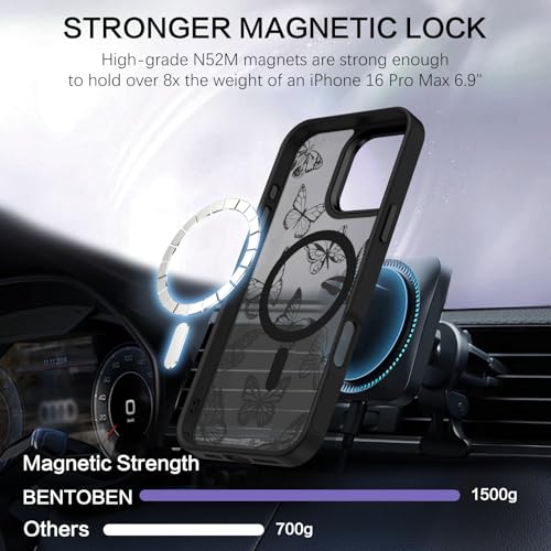 BENTOBEN for iPhone 16 Pro Max Case,Cute Butterfly Pattern iPhone 16 Pro Max Magnetic Case [Compatible with MagSafe] Translucent Matte Slim Protective Cover for iPhone 16 Pro Max 6.9", Black - Image 5
