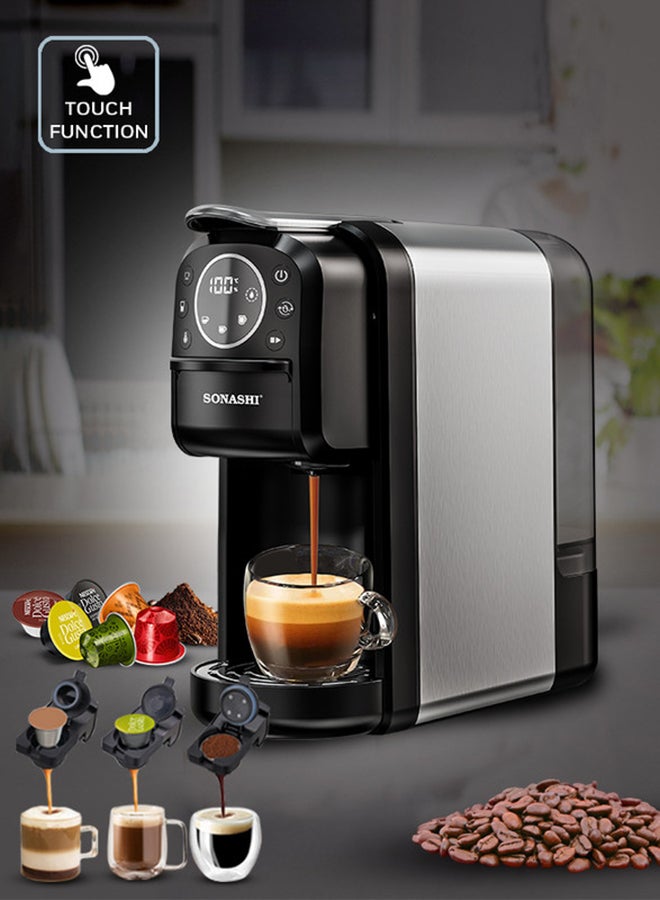 SONASHI 3 in 1 Multi Capsule Coffee Machine - With 700ML Detachable Water Tank | 20 Bar Powerful Pressure with Touch Control Panel and Indicator Light | 3 Optional Adaptors - Nespresso/Dolce Gusto/Coffee Powder and Auto Shut Off Options | Cafe Style Coffee Maker 700 ml 1400 W SCM-4984 Black/Grey - Image 1
