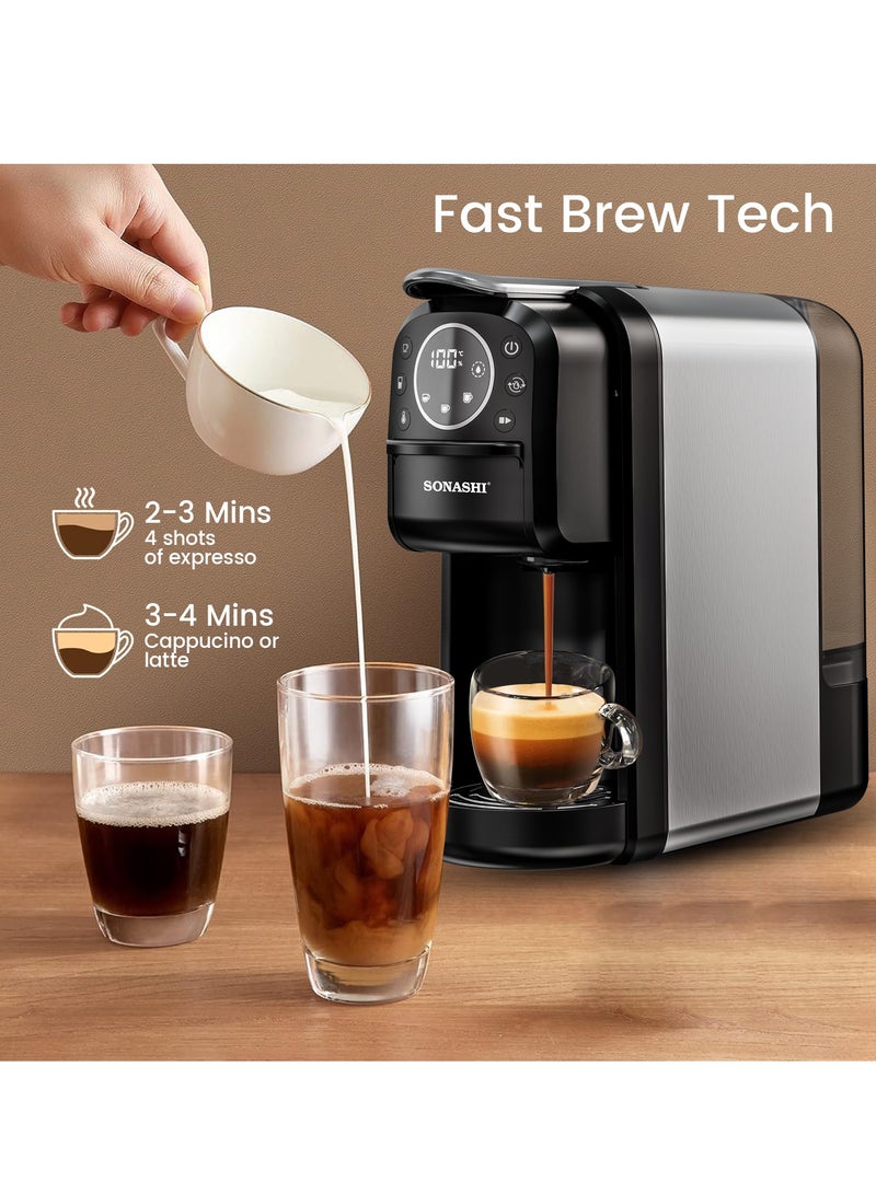 SONASHI 3 in 1 Multi Capsule Coffee Machine - With 700ML Detachable Water Tank | 20 Bar Powerful Pressure with Touch Control Panel and Indicator Light | 3 Optional Adaptors - Nespresso/Dolce Gusto/Coffee Powder and Auto Shut Off Options | Cafe Style Coffee Maker 700 ml 1400 W SCM-4984 Black/Grey - Image 3