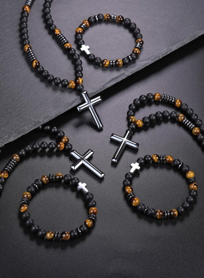 Jovivi 8mm Black Onyx Hematite and Tiger Eye Beaded Necklace with Cross Bracelet Set Triple Protection Religious Jewelry for Anxiety Relief - Image 5