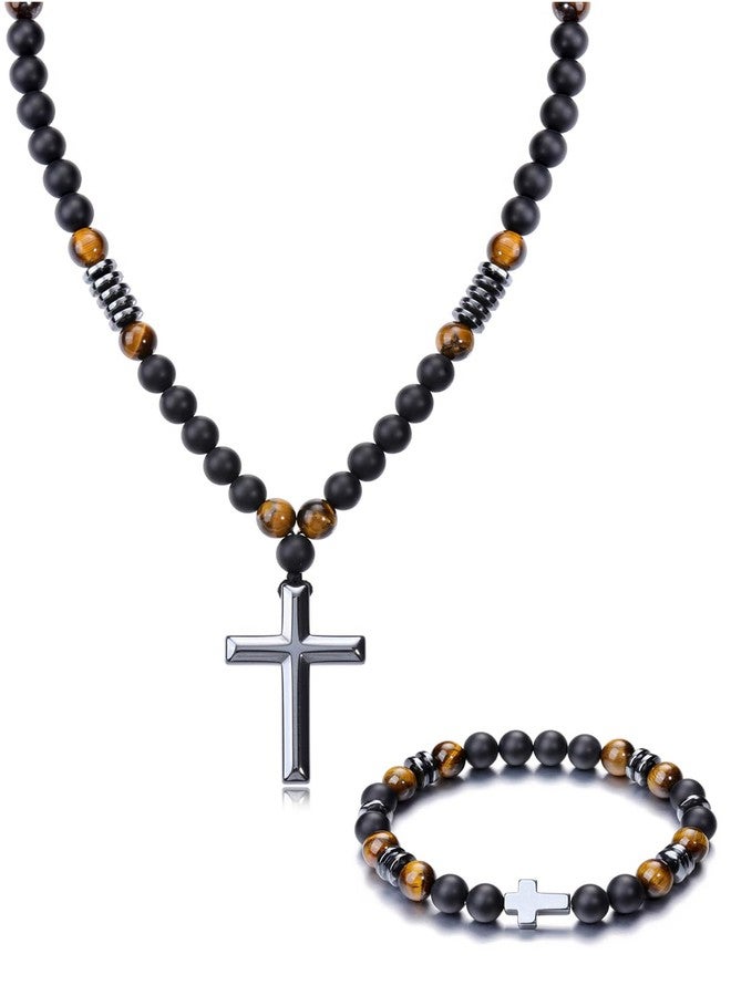Jovivi 8mm Black Onyx Hematite and Tiger Eye Beaded Necklace with Cross Bracelet Set Triple Protection Religious Jewelry for Anxiety Relief - Image 1