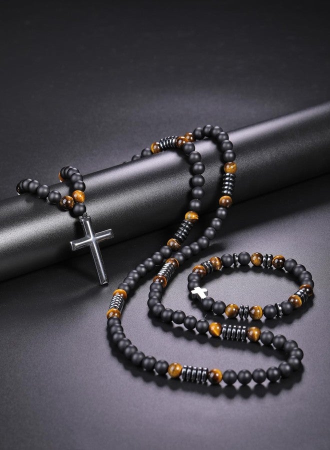 Jovivi 8mm Black Onyx Hematite and Tiger Eye Beaded Necklace with Cross Bracelet Set Triple Protection Religious Jewelry for Anxiety Relief - Image 2