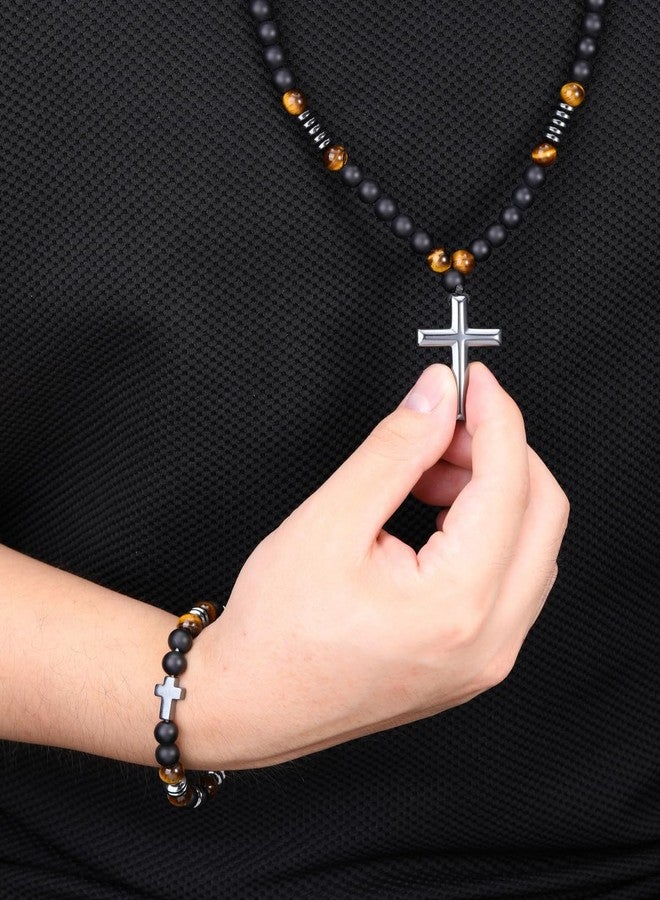 Jovivi 8mm Black Onyx Hematite and Tiger Eye Beaded Necklace with Cross Bracelet Set Triple Protection Religious Jewelry for Anxiety Relief - Image 4