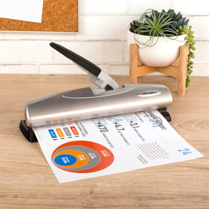 Swingline 3 Hole Punch, 20 Sheet Capacity Three Hole Puncher 3 Ring, Adjustable 2-7 Hole Paper Punch, LightTouch Low Effort, Black & Silver (74030) - Image 2
