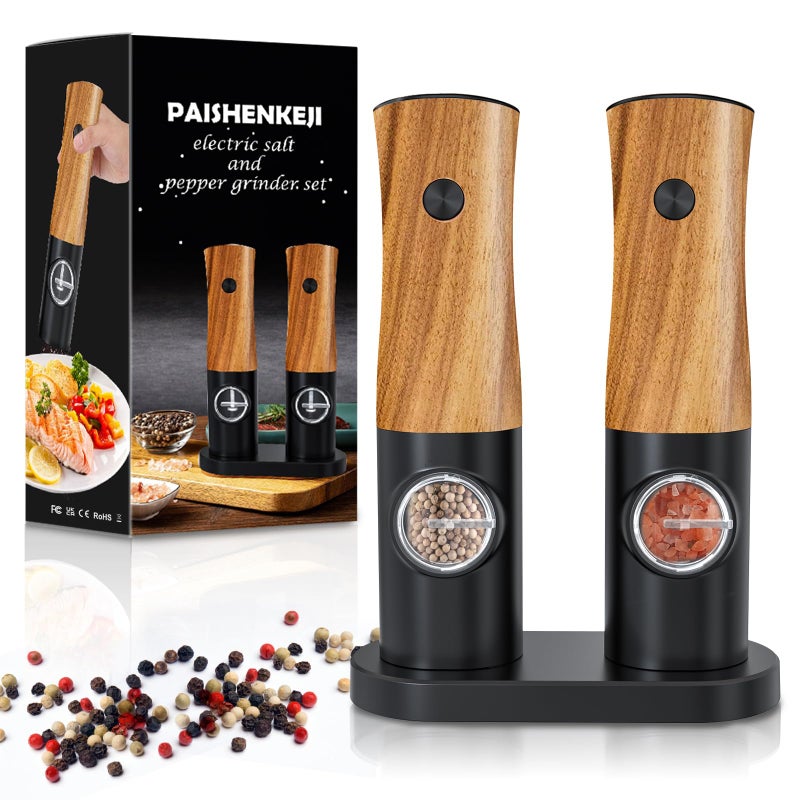 PAISHENKEJI Electric Salt and Pepper Grinder Set  Automatic Battery Powered Salt Grinder Salt and Pepper Shakers Set Electric with Auto Light Adjustable For Gravity Operated Wood Grain Peppercorn Mill 
