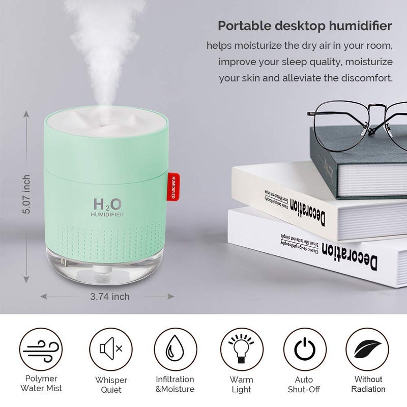 MOVTIP Green Portable Mini Humidifier, 500ml Small Cool Mist USB Desktop Humidifier for Baby Bedroom, Travel, Office, Home - Auto Shut-Off, 2 Mist Modes, Super Quiet - Image 2