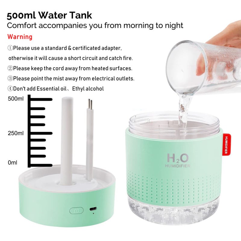 MOVTIP Green Portable Mini Humidifier, 500ml Small Cool Mist USB Desktop Humidifier for Baby Bedroom, Travel, Office, Home - Auto Shut-Off, 2 Mist Modes, Super Quiet - Image 5