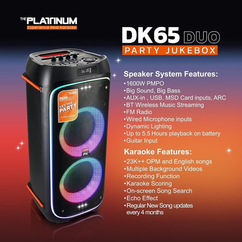 جهاز كاريوكي بلاتينيوم DK-65 الثنائي مع حزمة حفلات الجوكبوكس ومكبر صوت كاريوكي مدمج، مزود باثنين من الميكروفونات اللاسلكية ومكتبة أغاني ضخمة تحتوي على 20 ألف أغنية كاريوكي بالإنجليزية والفلبينية وأغاني أوبم التاغالوغية... - Image 5