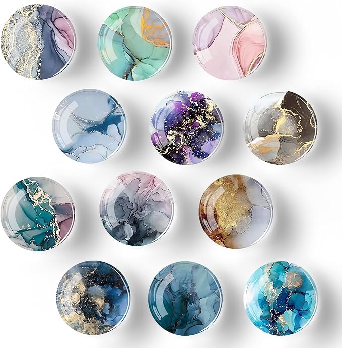 VIHM 12Pcs Glass Strong Magnetic Refrigerator Magnet Fridge Sticker Round Glass Fridge Decoration Office Whiteboard Magnet for Cabinet Dishwasher Cabinet and Locker 24 Marble