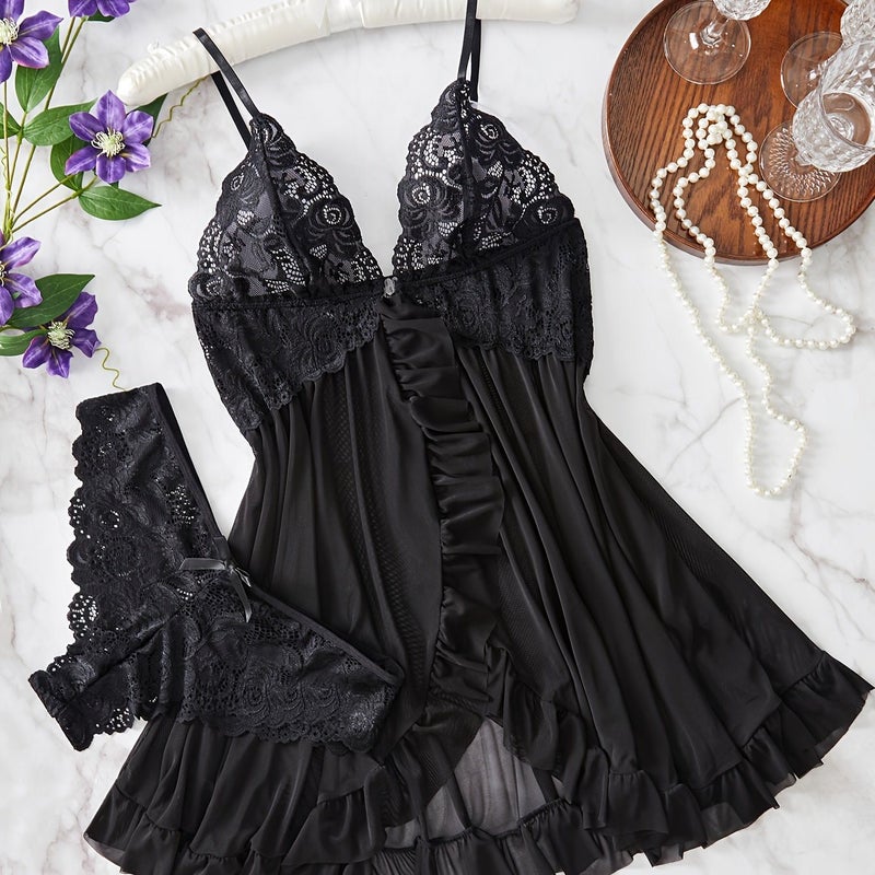 Women'S Lace Spliced ​​Front Slit Suspender Skirt Suit - Image 1