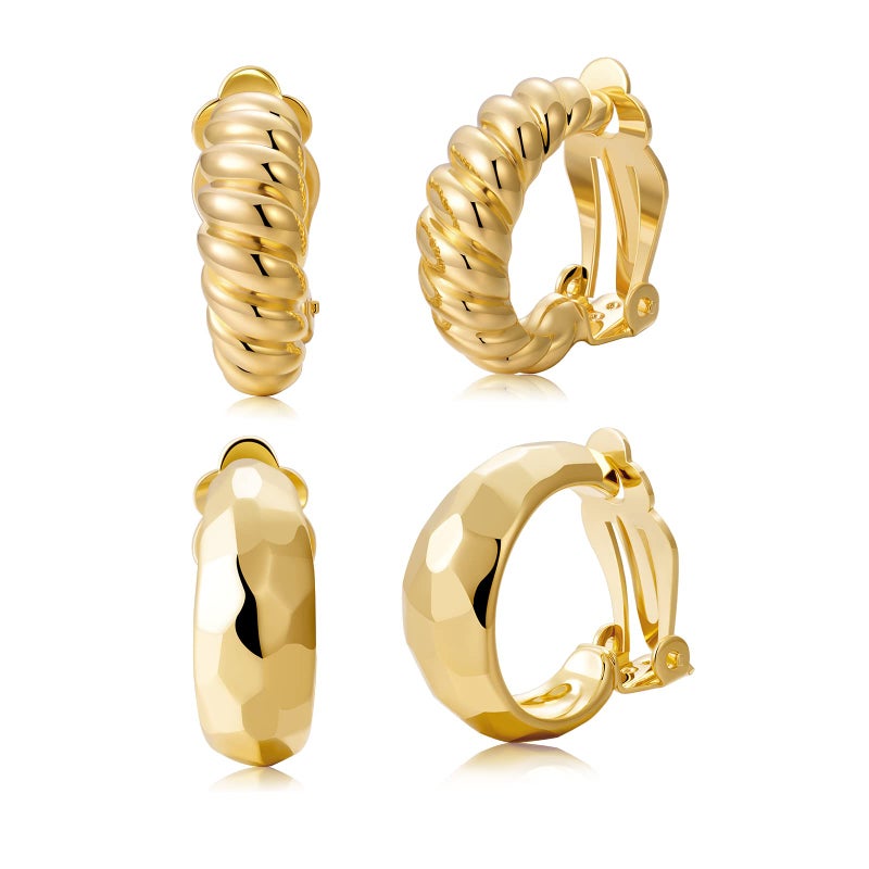 AllenCOCO Clip on Earrings Women, 14K Gold Hoop Clip-On Earrings for Women, Hypoallergenic Non Pierced Croissant Earrings - Image 1