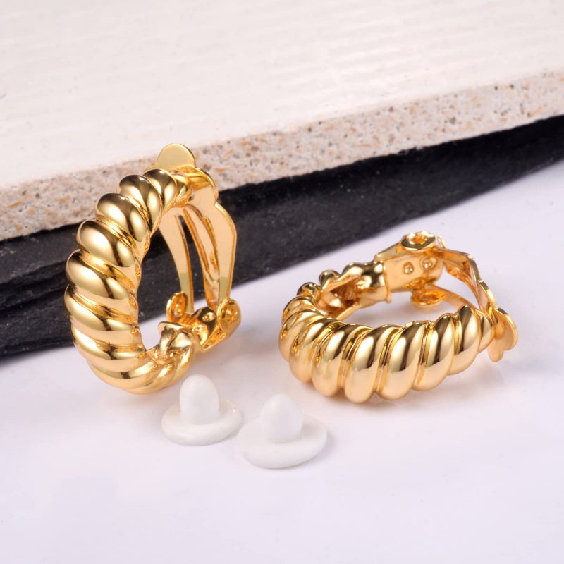 AllenCOCO Clip on Earrings Women, 14K Gold Hoop Clip-On Earrings for Women, Hypoallergenic Non Pierced Croissant Earrings - Image 5