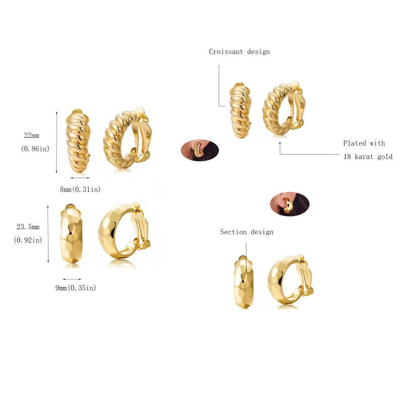 AllenCOCO Clip on Earrings Women, 14K Gold Hoop Clip-On Earrings for Women, Hypoallergenic Non Pierced Croissant Earrings - Image 2