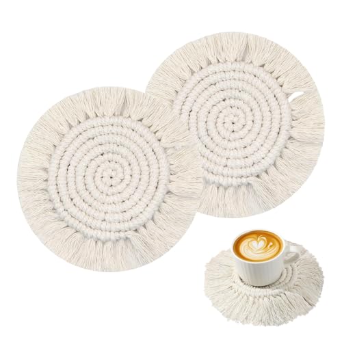 Pafusen Desk Coasters Set of 2, Cute Coaster for Desk, Round Handmade Woven Coaster for Boho Home Decor, CupCoasters for Office Kitchen Dining Room Bar Farmhouse, Coasters Set for Drinks, Beer, Coffee - Image 1