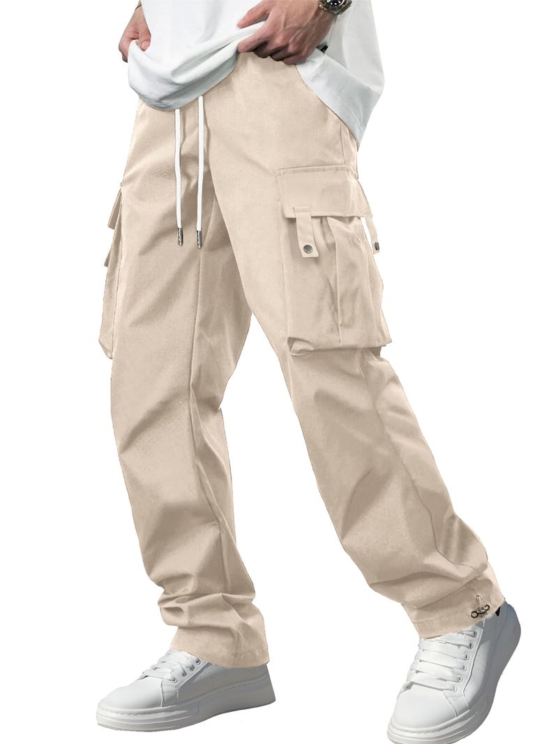 PLEPAN Men's Casual Cargo Pants with Drawstring Hems Elastic Waist Workout Pants Hiking Tactical Sweatpants Streetwear with Pockets Beige 3X-Large - Image 1