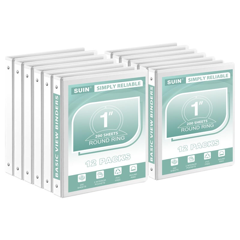 SUIN Economy 1-Inch 3-Ring-Binder, Round Ring Binder, Customizable Clear View Cover, 1'' Binders for Office/School (White - 12 Packs) - Image 1