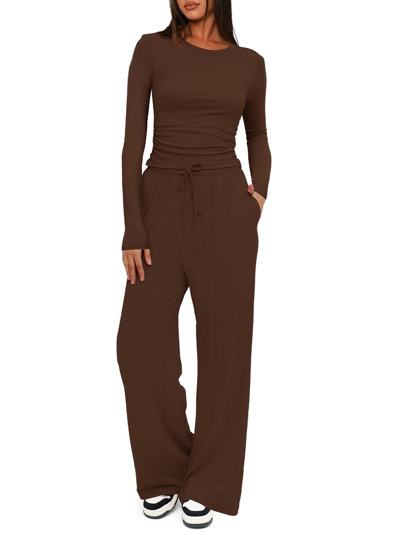 Darong Women's 2 Piece Outfits Lounge Sets Ruched Long Sleeve Tops and Wide Leg Pants Tracksuit Sets 9065A Coffee M - Image 1