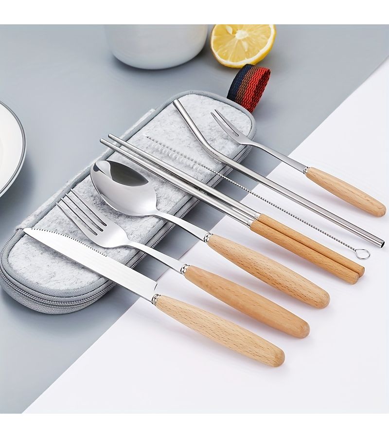7 Pcs Stainless Steel Tableware Set With Portable Bag For Outdoor Camping Travel - Image 2