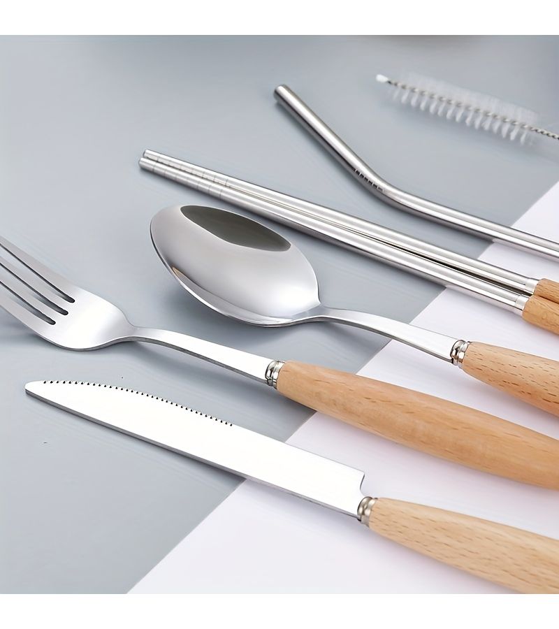 7 Pcs Stainless Steel Tableware Set With Portable Bag For Outdoor Camping Travel - Image 4
