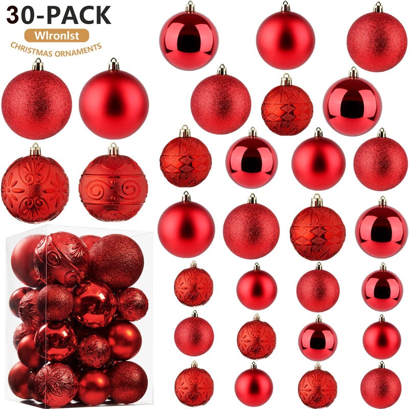 Wironlst Christmas Ball Olments - 30pcs زخارف عيد الميلاد البلاستيكية المضادة للبلاستيك معلقة ديكورات الكرة لحفل زفاف الشجرة في عيد الميلاد (أحمر متعدد الحجم) - Image 2