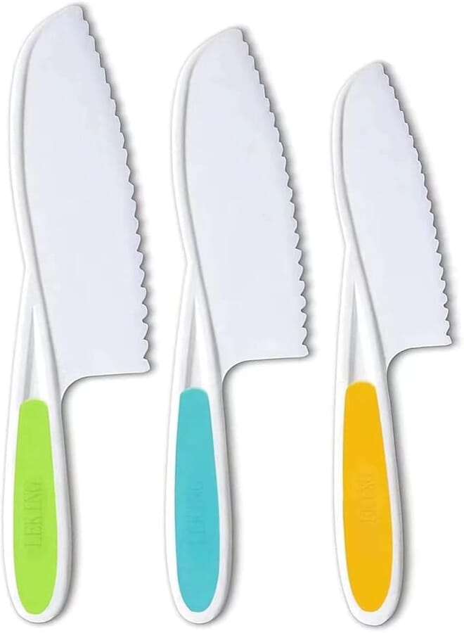 Leking 3-Piece Children's Kitchen Knife, Plastic Serrated Edges Children's Knife Set for Cooking and Cutting Cakes, Fruit and Vegetables, Perfect Safe for Children Real Cooking