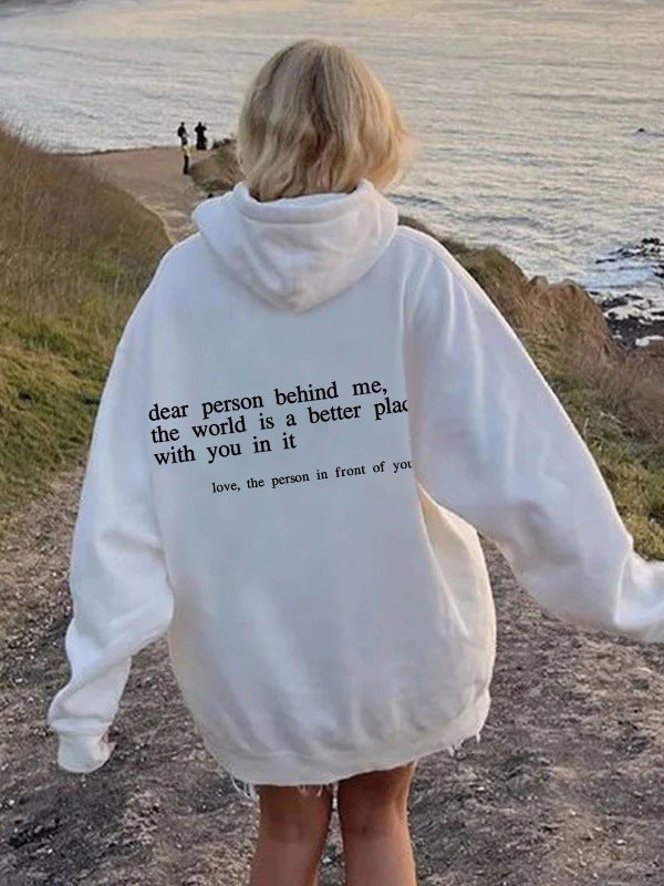 Foreign Trade Womens Velvet Sweatshirt Plain Slogan Printed Kangaroo Flap Pocket Pants Drawstring Printed Hoodie White
