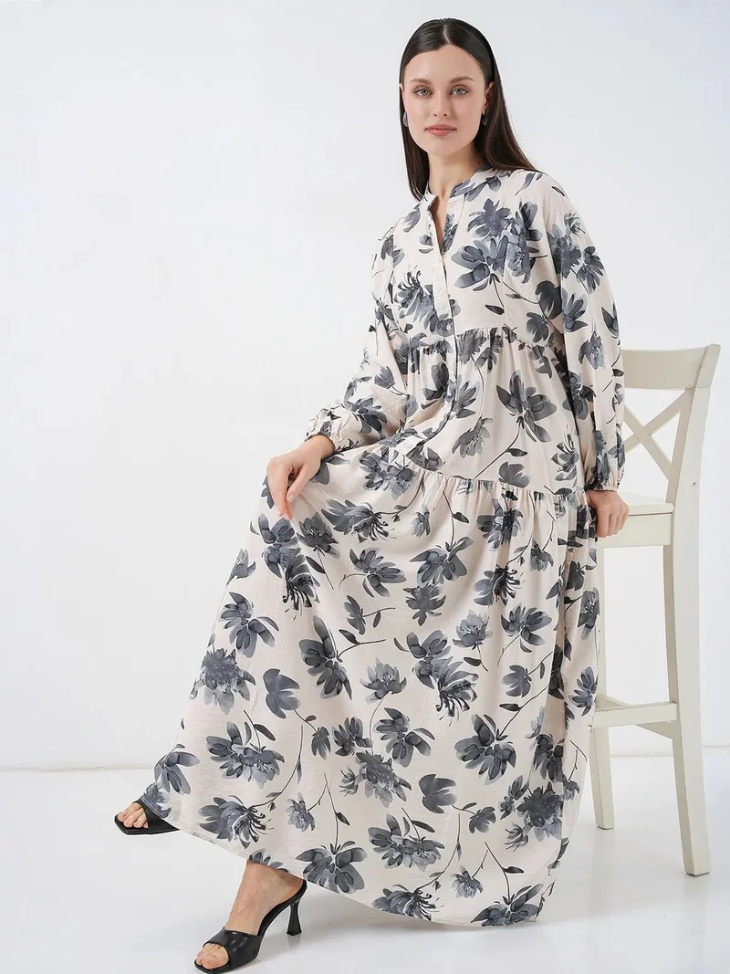 BIG DART BDART Floral Maxi Dress with Mandarin Collar and Button Closure