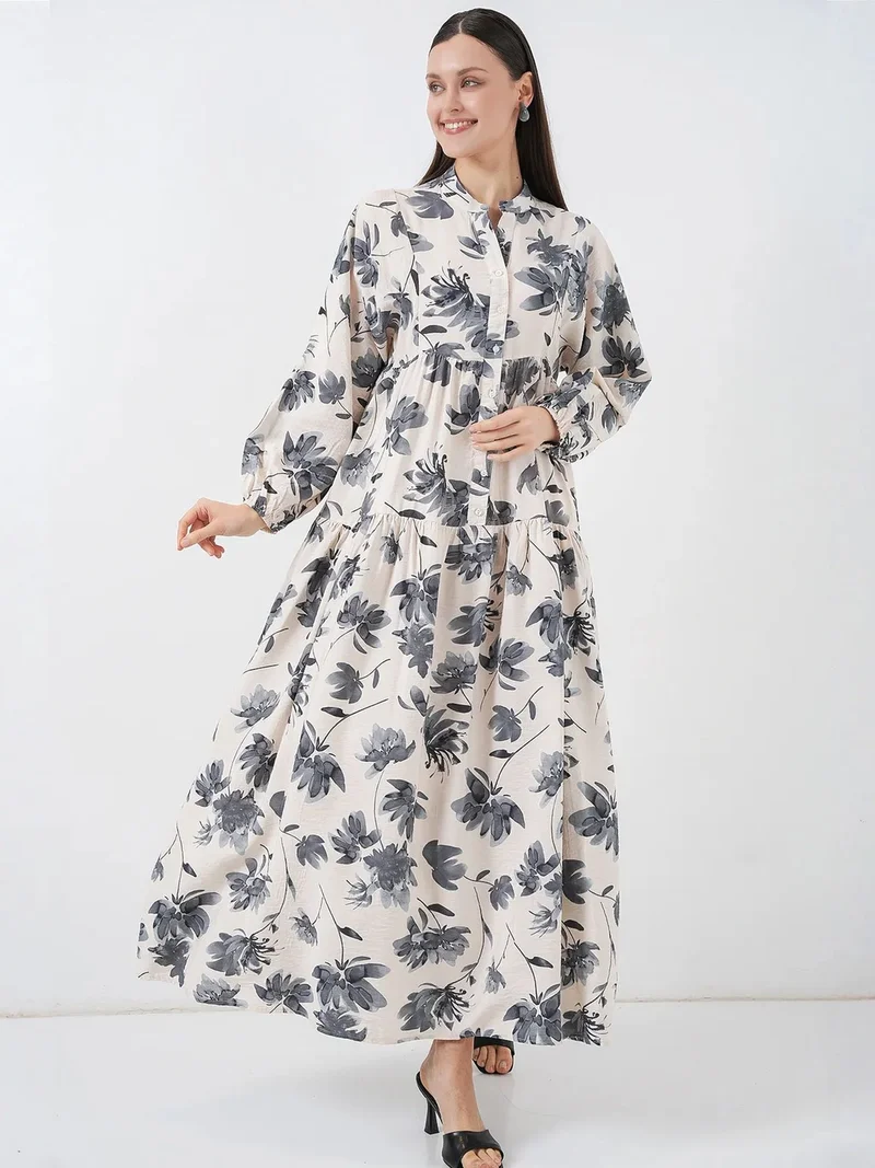 BIG DART BDART Floral Maxi Dress with Mandarin Collar and Button Closure