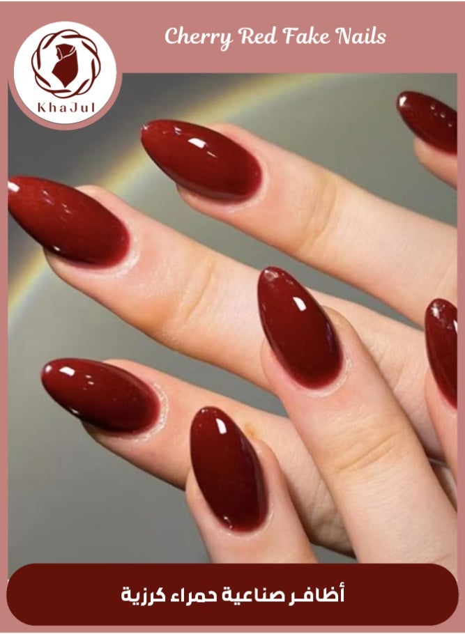 خاجول أظافر متوسطة الحجم باللون الأحمر اللوزي الكرزي اللوزي بريس أون أظافر بريس أون أظافر هلامية ناعمة هلامية يدوية الصنع، أظافر هلامية لاصقة حمراء داكنة رفيعة لاصقة، أظافر مزيفة بيضاوية قصيرة مزاجية اللون بورجوندي، طقم أظافر مزيفة للسيدات لاصقة أكريليك قابلة لإعادة الاستخدام - Image 1