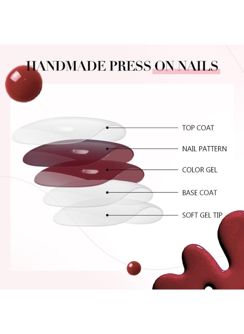 خاجول أظافر متوسطة الحجم باللون الأحمر اللوزي الكرزي اللوزي بريس أون أظافر بريس أون أظافر هلامية ناعمة هلامية يدوية الصنع، أظافر هلامية لاصقة حمراء داكنة رفيعة لاصقة، أظافر مزيفة بيضاوية قصيرة مزاجية اللون بورجوندي، طقم أظافر مزيفة للسيدات لاصقة أكريليك قابلة لإعادة الاستخدام - Image 4