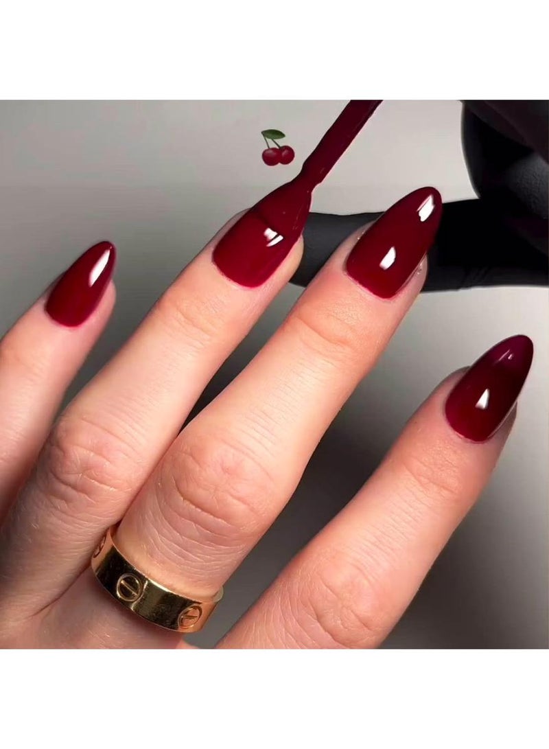 خاجول أظافر متوسطة الحجم باللون الأحمر اللوزي الكرزي اللوزي بريس أون أظافر بريس أون أظافر هلامية ناعمة هلامية يدوية الصنع، أظافر هلامية لاصقة حمراء داكنة رفيعة لاصقة، أظافر مزيفة بيضاوية قصيرة مزاجية اللون بورجوندي، طقم أظافر مزيفة للسيدات لاصقة أكريليك قابلة لإعادة الاستخدام - Image 2