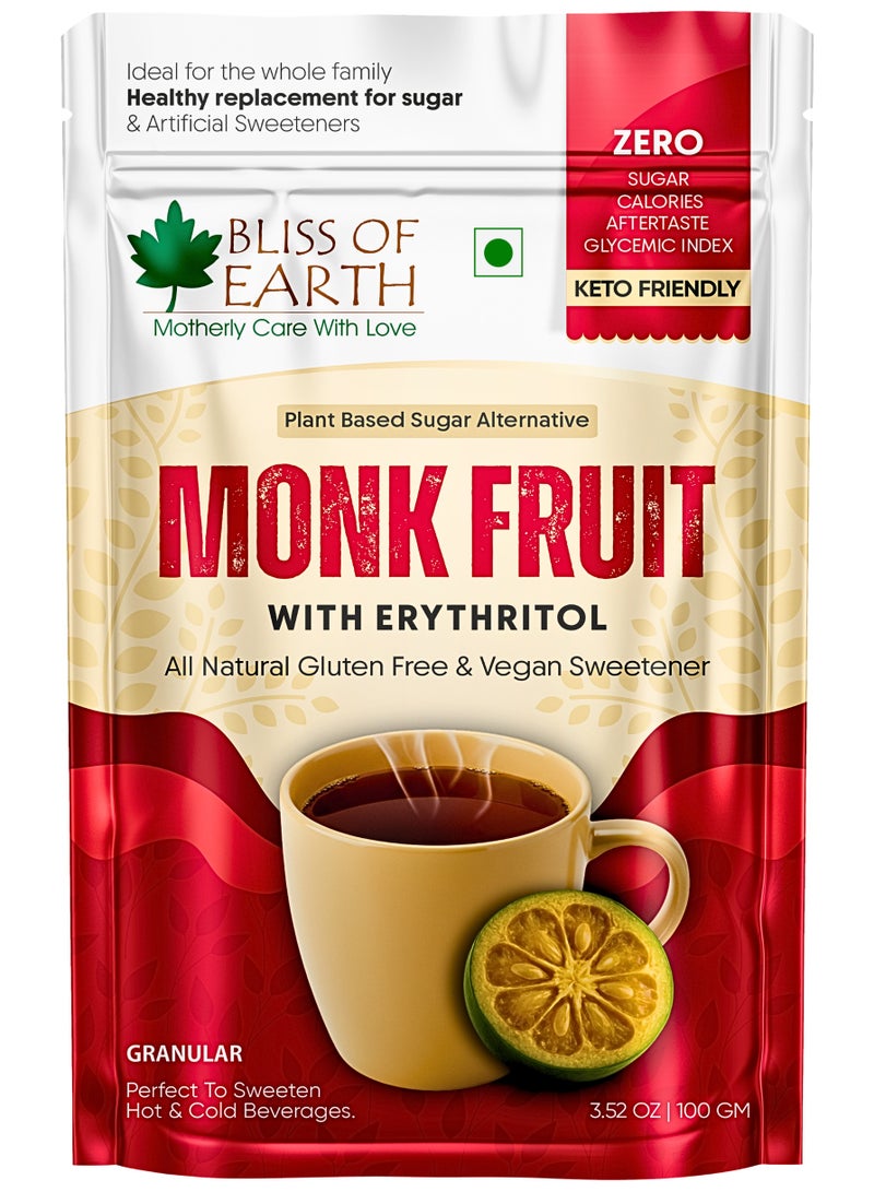 Bliss of Earth Monk Fruit Sweetener With Erythritol 100gm (Golden), 1:1 Zero Calorie Sugar Alternative, Keto Friendly, No Aftertaste, Zero Glycaemic Natural Sweetener - Image 1