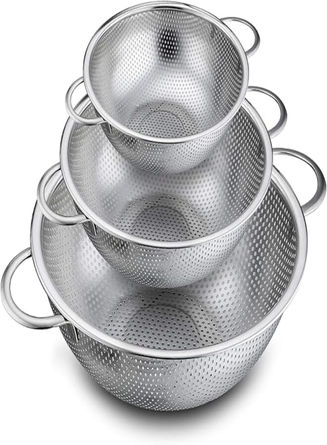 P&P CHEF Fine Hole Strainer Set of 3, 1/3/5 Quart, Stainless Steel Fruit Rinser Drainer, Heavy Duty, Dishwasher Safe