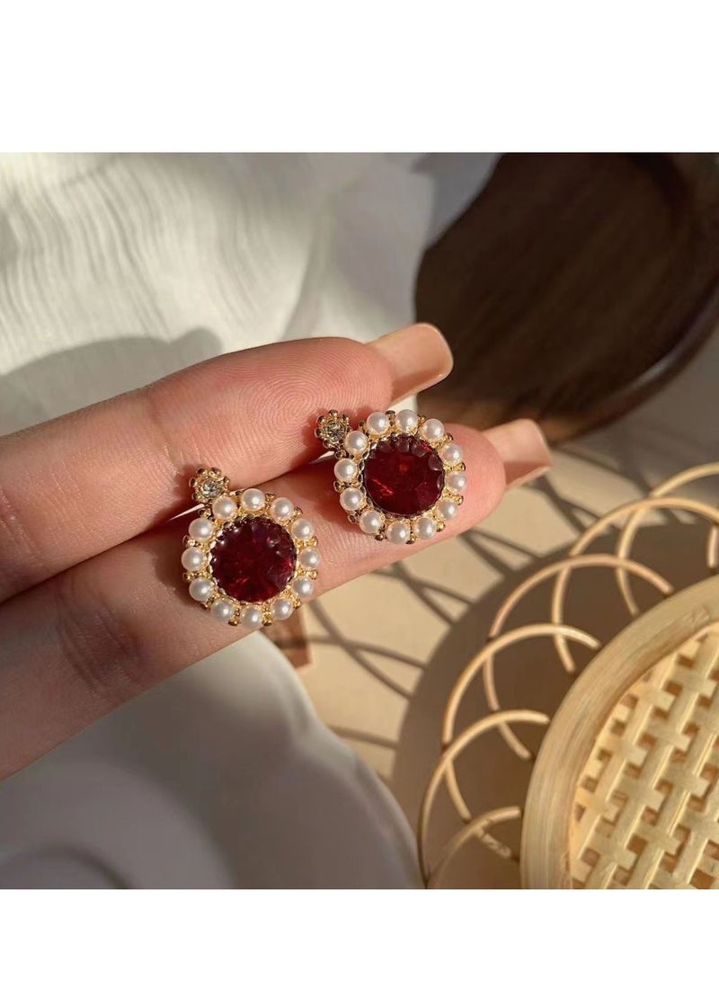 Red circular flower shaped pearl earrings  - Image 2