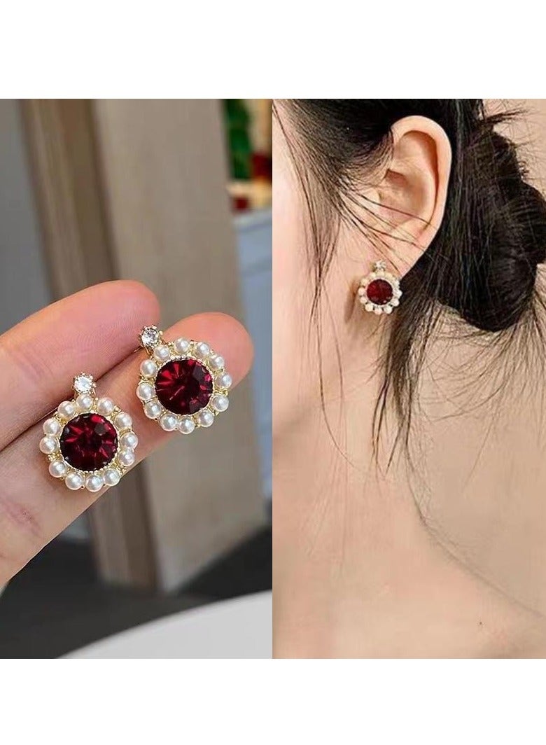 Red circular flower shaped pearl earrings  - Image 5
