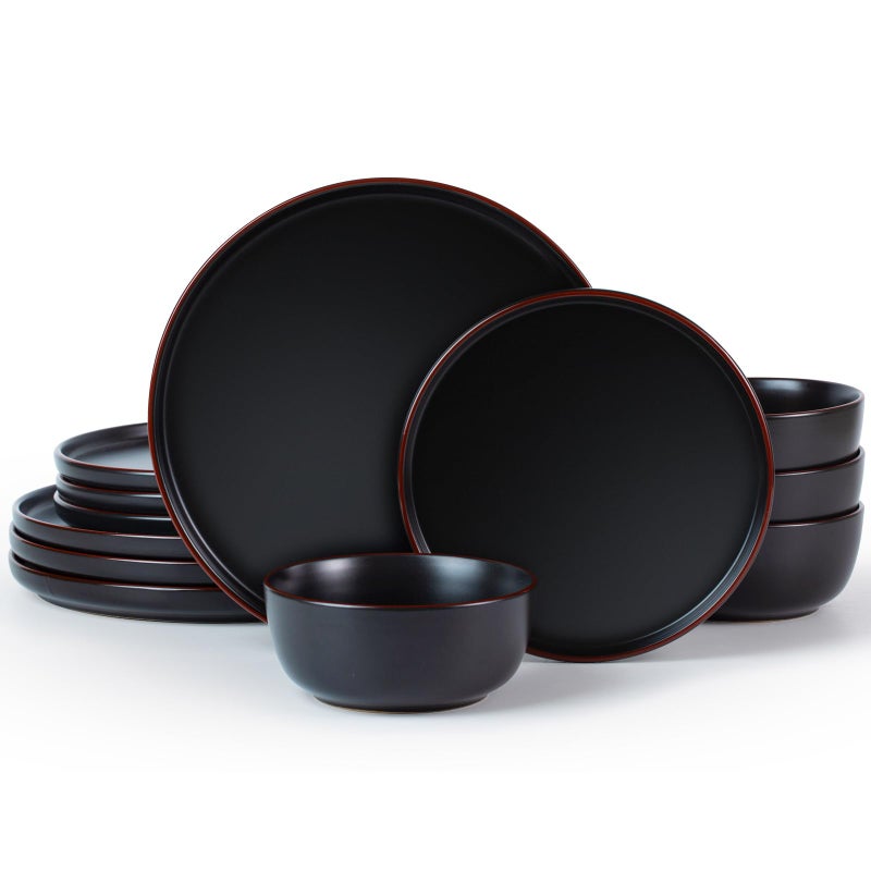 Famiware Mercury Plates and Bowls Sets, 12 Pieces Stoneware Dinnerware Sets, Dishes Set for 4, Microwave and Dishwasher Safe, Black - Image 1