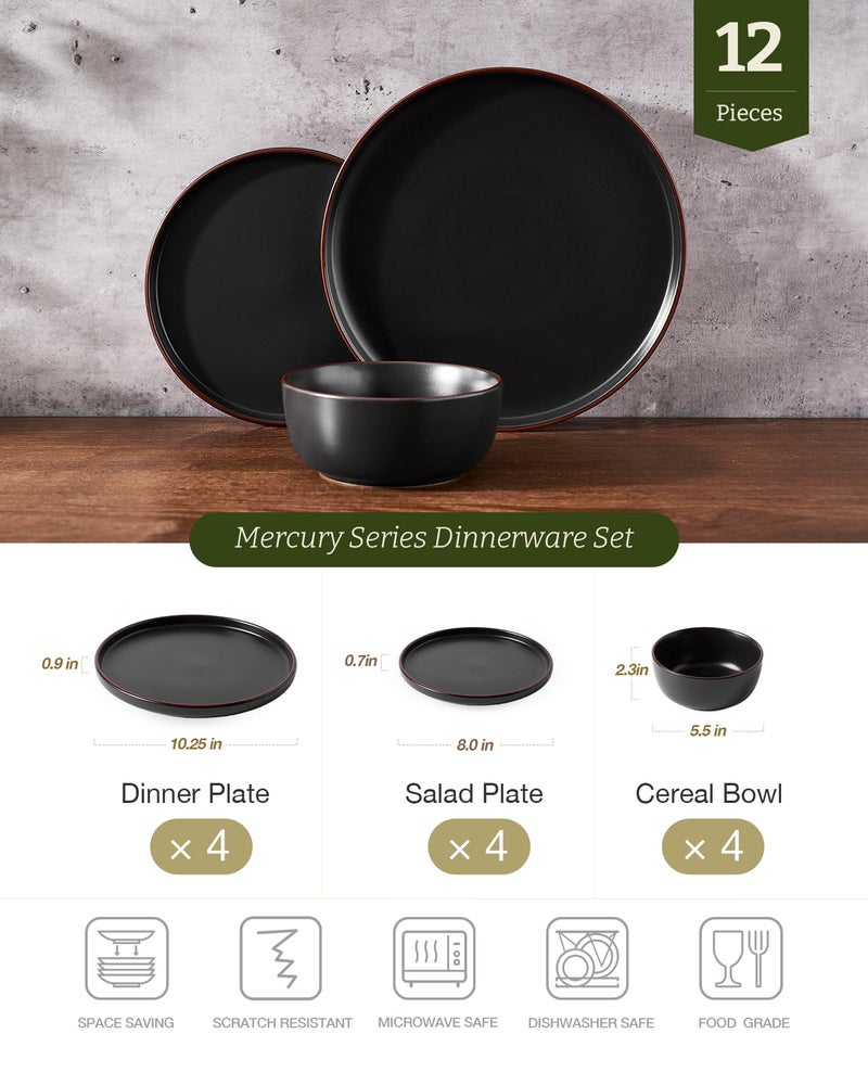 Famiware Mercury Plates and Bowls Sets, 12 Pieces Stoneware Dinnerware Sets, Dishes Set for 4, Microwave and Dishwasher Safe, Black - Image 2