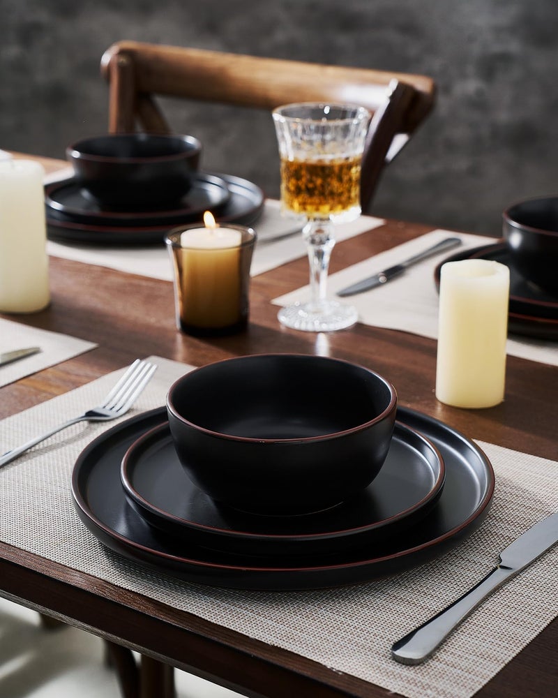 Famiware Mercury Plates and Bowls Sets, 12 Pieces Stoneware Dinnerware Sets, Dishes Set for 4, Microwave and Dishwasher Safe, Black - Image 3