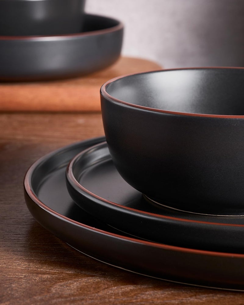 Famiware Mercury Plates and Bowls Sets, 12 Pieces Stoneware Dinnerware Sets, Dishes Set for 4, Microwave and Dishwasher Safe, Black - Image 4