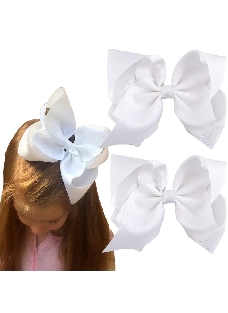 SALOCY - 2 PCS 8 Inch Boutique Hair Bows Clips for Girls Toddler Grosgrain Ribbon Big Large Bows Alligator Clips Kids Hair Accessories White Set1 - Image 1