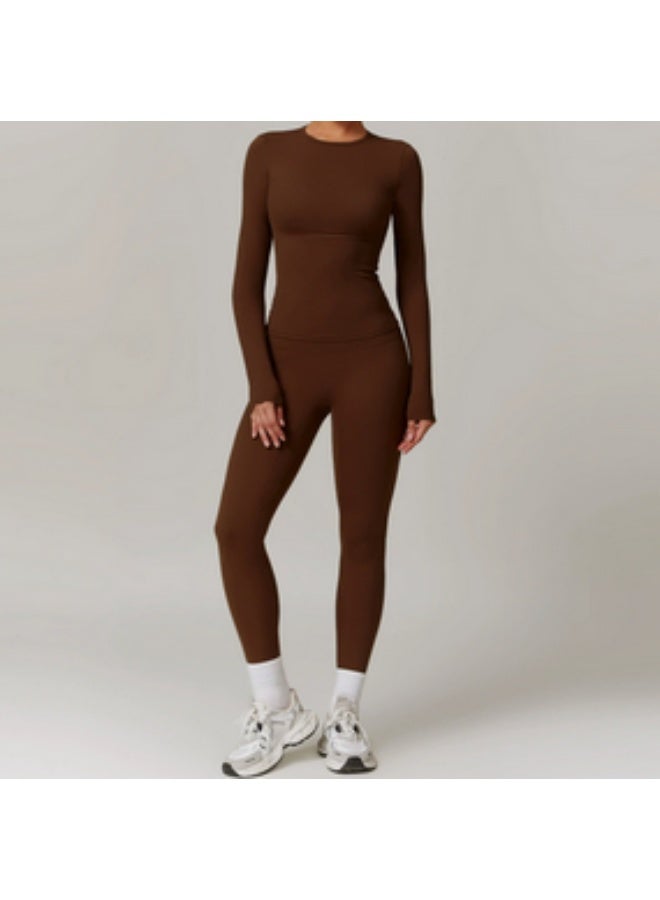 Women’s 2-Piece Seamless Workout Set (Size S), Chocolate Color, Sports Bra & High-Waist Leggings, Gym Fitness Yoga Outfit