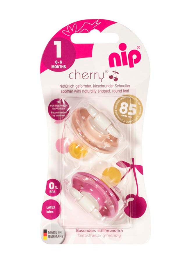 nip - Cherry Round Latex Soother, Narrower Round Teat Cherry Shape, Nursing Friendly, Size 1, From 0 Months, Latex, Peach And Pink, Pack Of 2 - Image 1