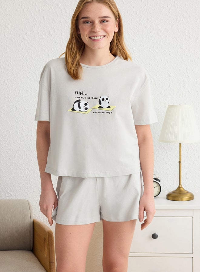 trendyol Light Grey % Cotton Panda Printed Knitted Pajama Set with Shorts - Image 2