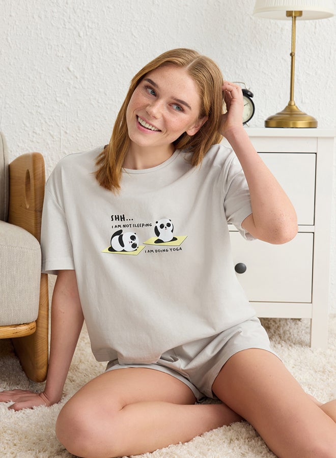 trendyol Light Grey % Cotton Panda Printed Knitted Pajama Set with Shorts - Image 1