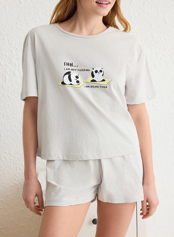 trendyol Light Grey % Cotton Panda Printed Knitted Pajama Set with Shorts - Image 3