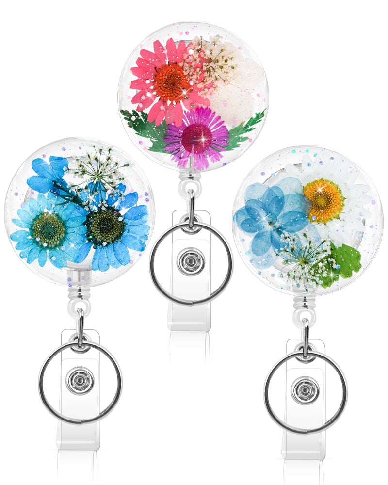 KJQJLY 3 Pcs Cute Flower Badge Reels Retractable for Nurse, Dried Floral Resin Badge Holder with Key Ring, Decorative Nursing Badge Clip for Women Doctor Teacher ID Card (Round 2) - Image 1