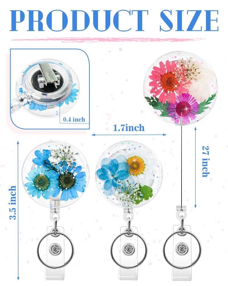 KJQJLY 3 Pcs Cute Flower Badge Reels Retractable for Nurse, Dried Floral Resin Badge Holder with Key Ring, Decorative Nursing Badge Clip for Women Doctor Teacher ID Card (Round 2) - Image 2