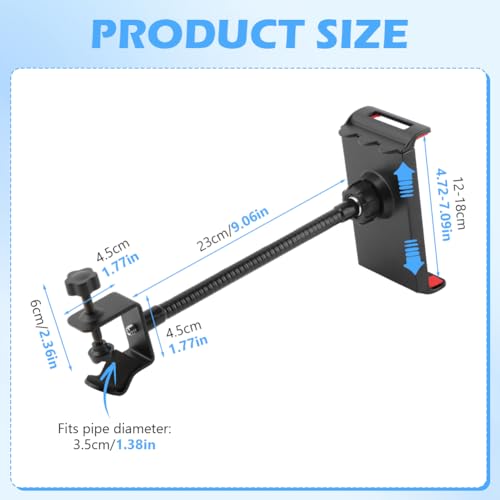 Ranjaner Flexible Phone Holder for Mic Stand, Adjustable Mic Stand Cell Phone Clip with 9" Long Flexible Gooseneck Arm for 4.72"-7.09" Mobile Phones and Tablets - Image 2