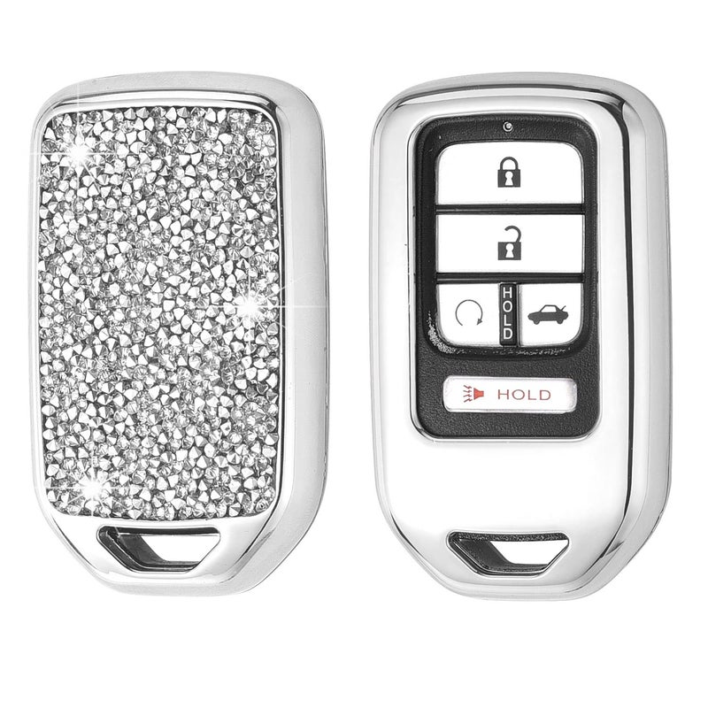 Royalfox(TM) upgrated 2 3 4 5 6 7 Buttons 3D Bling Diamond Crystals Smart Remote Key Fob case Cover for Honda Jade HR-V CR-V Accord Crider Vezel Civic ,not for Honda 2022+ New Key(Silver) - Image 1